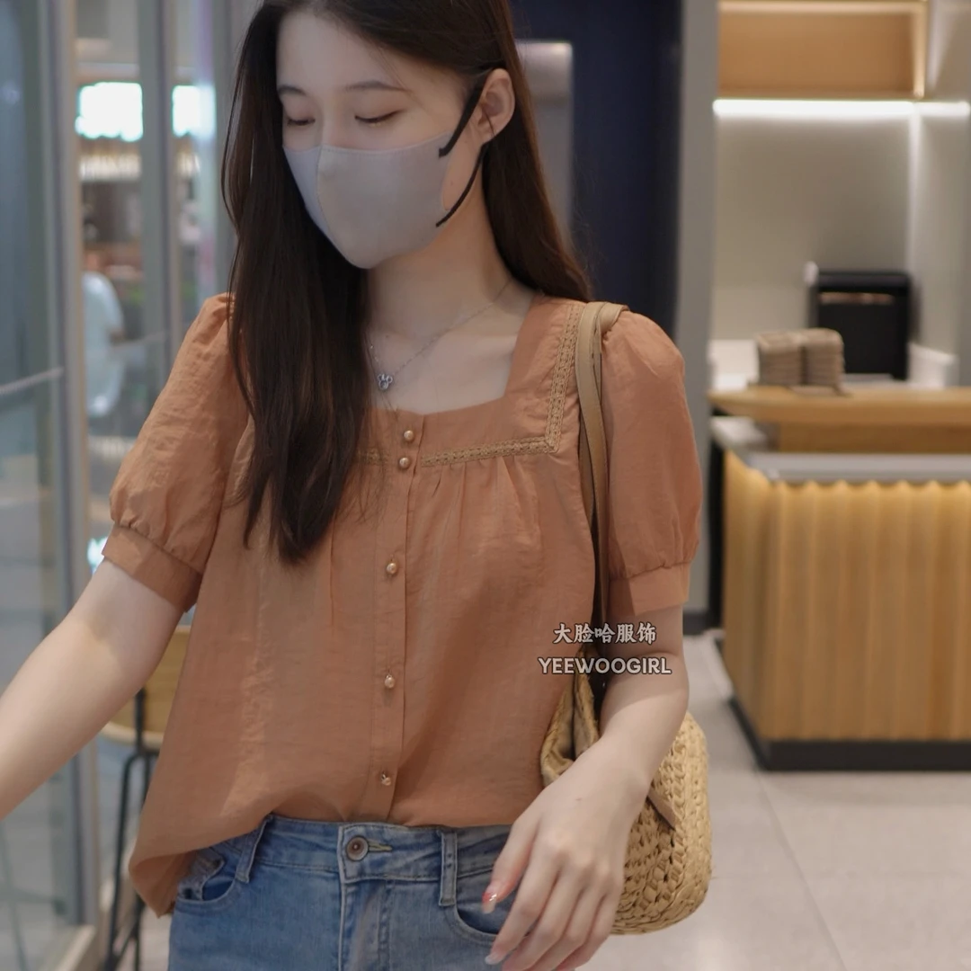 【大脸哈】[现货]气质短袖衬衫女2024夏季新款设刺绣蕾丝边小衫