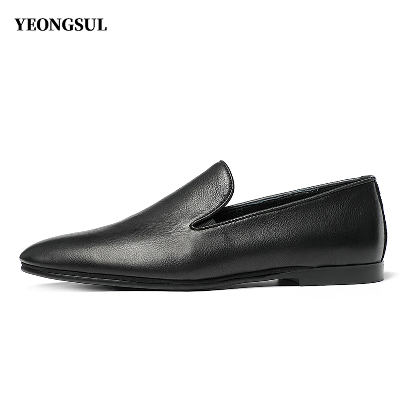 黑色胎牛皮超软面软底一脚蹬懒人真皮乐福鞋男鞋