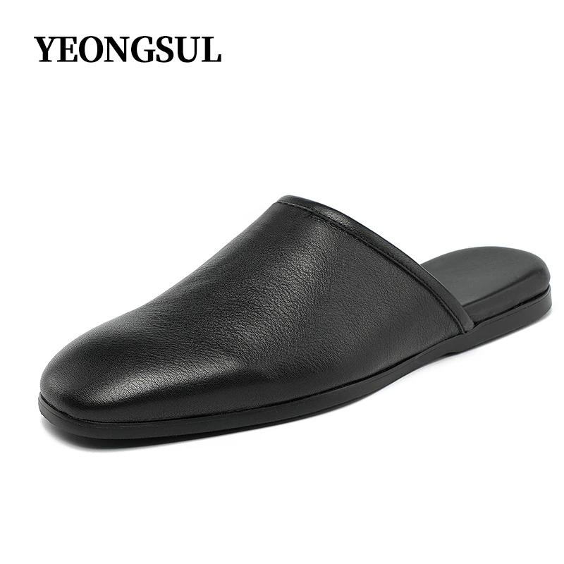 头层全粒面牛皮拖鞋男真皮包头款半拖简约凉拖英伦风手工休闲透气