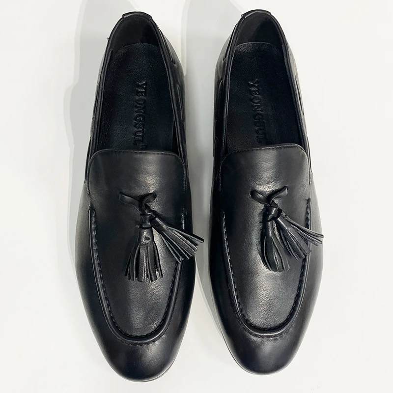 头层全粒面小牛皮乐福鞋英式潮休闲男士皮鞋流苏一脚蹬懒人鞋子男