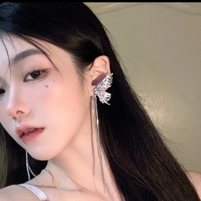 合成锆石耳饰 女夏季流苏耳饰高级感长款精灵耳小众设计链条耳钉
