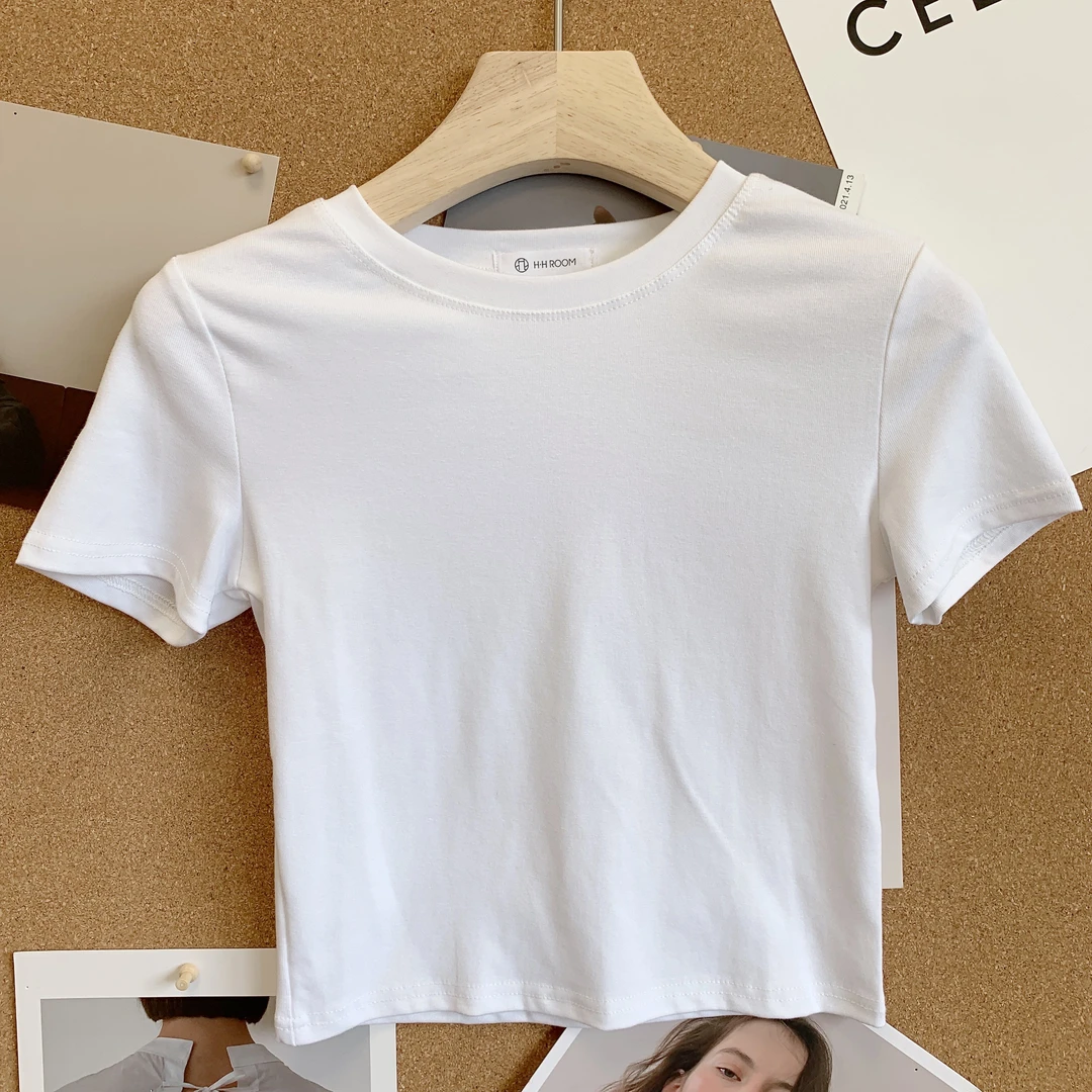 《乖女孩》高腰露肚脐弹力超大短袖T恤