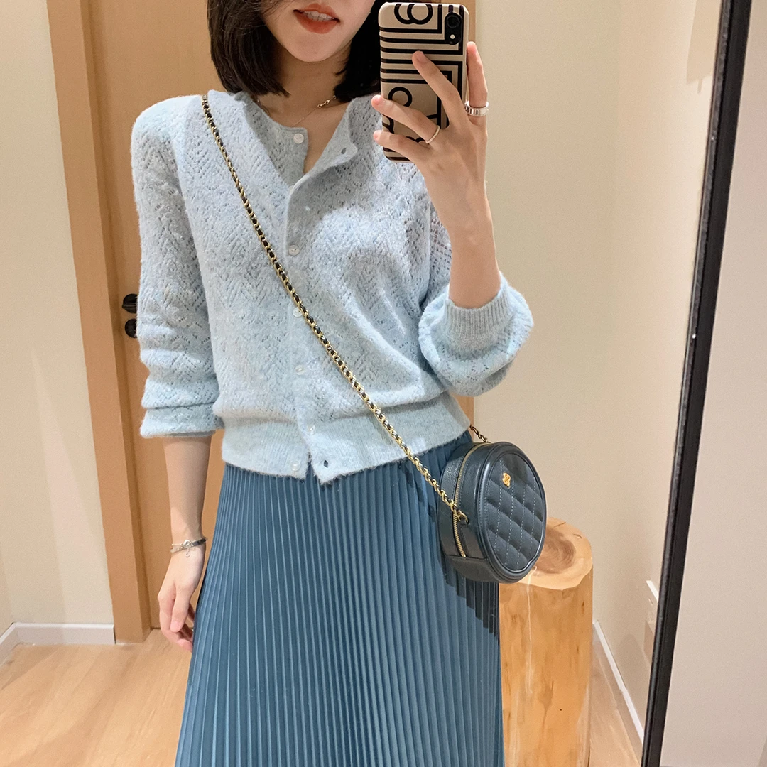 大叮自制  清仓！ 进口亮丝羊驼毛镂空软糯圆领针织开衫 S2953