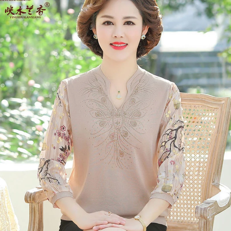 妈妈春装针织上衣女洋气纱袖打底衫40岁50中老年女装T恤宽松小衫
