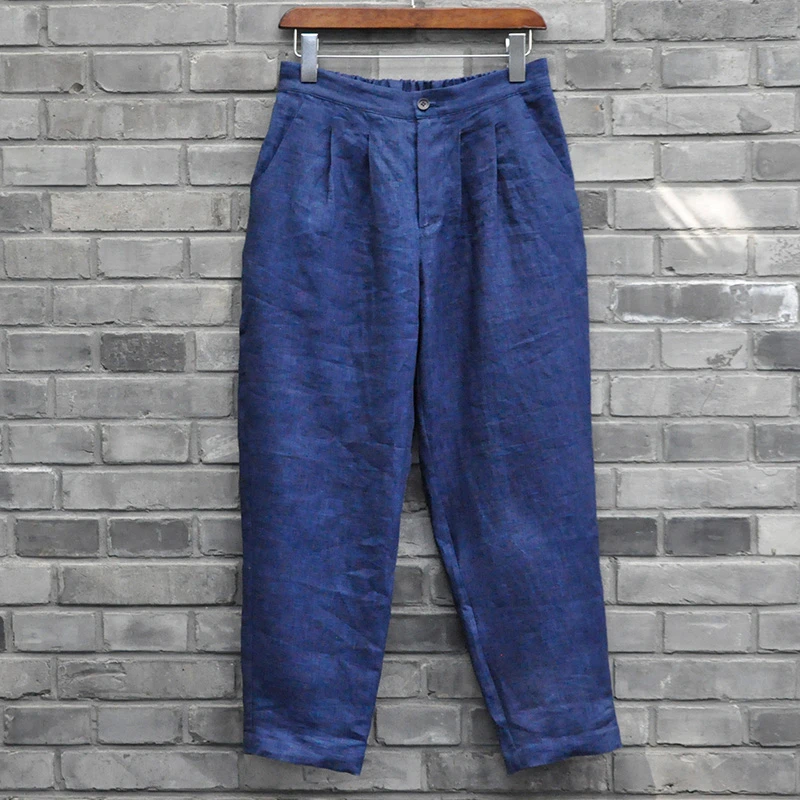 植物染色女士夏季亚麻长裤手工蓝染
