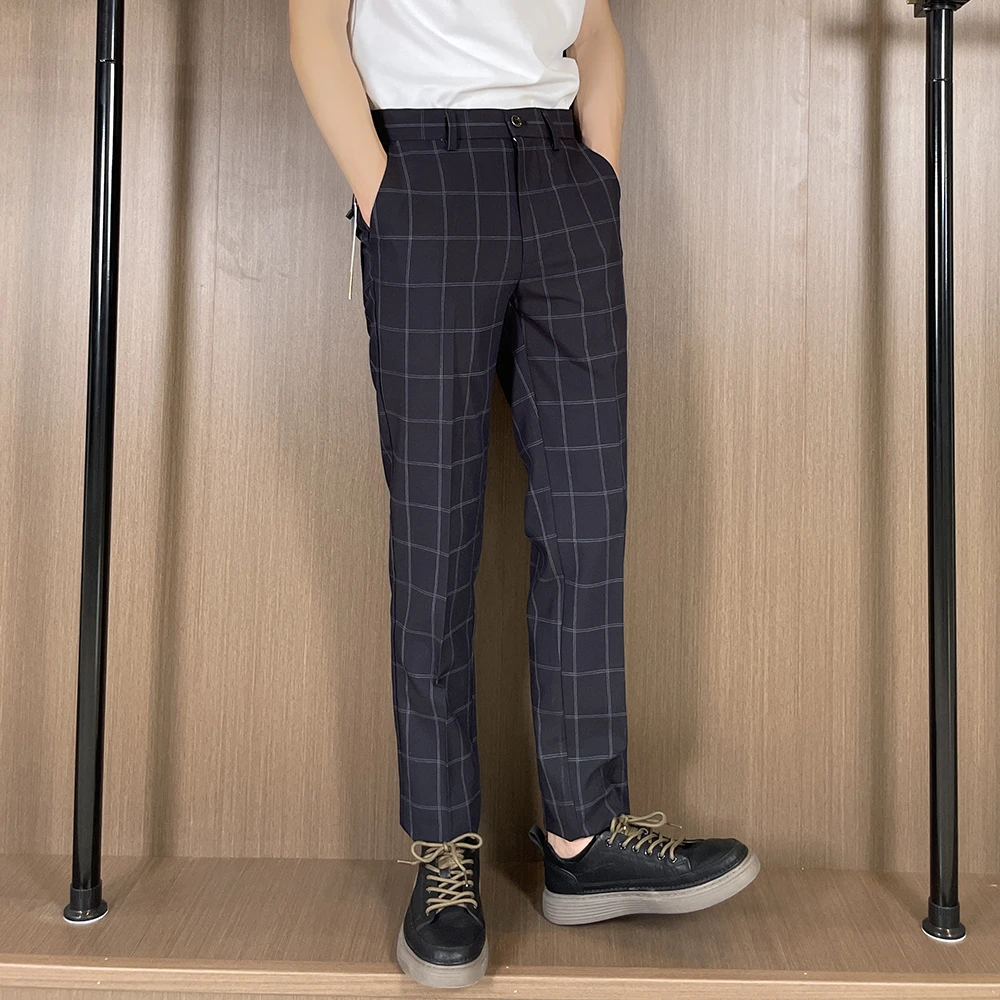 6617#春秋款韩版时尚男士商务休闲西裤修身款格子长裤男