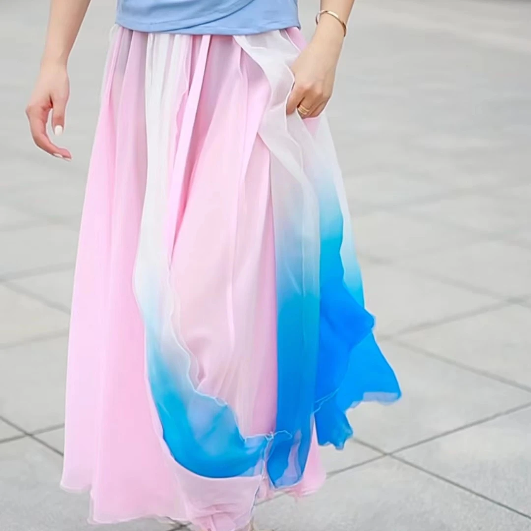 春夏新款720度两层雪纺超大摆裙半身裙舞蹈裙A字纯色长裙透气百搭