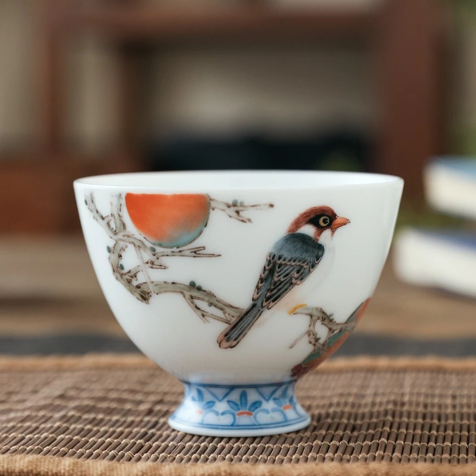 官润窑 釉下手绘主人杯品茗杯花鸟手拉胚笑口常开禅心杯陶瓷茶杯