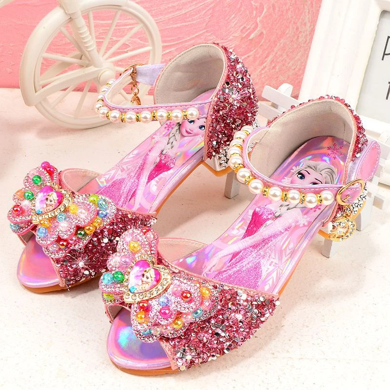 儿童穿珠凉鞋粉色公主鞋冰雪奇缘蓝高跟爱莎鞋时尚银灰姑娘夏凉鞋