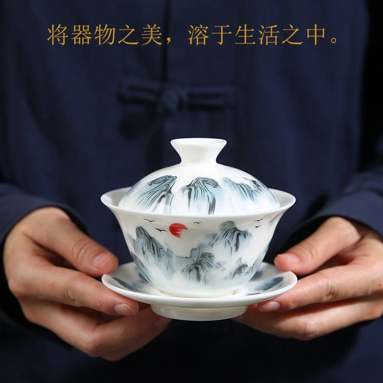 言泥三才盖碗羊脂玉瓷满花盖碗家用德化白瓷盖碗不烫手大容量