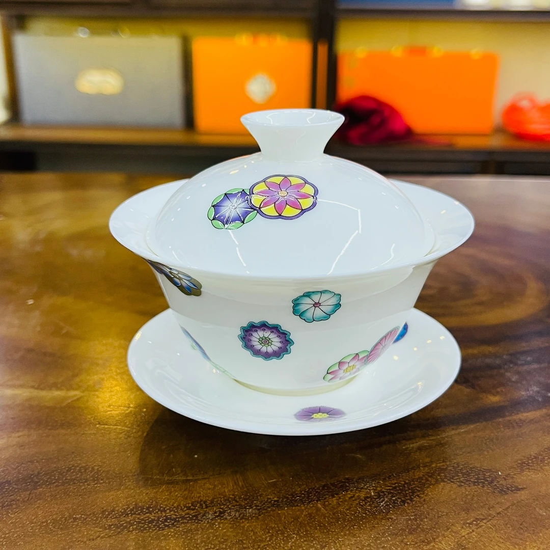 珐琅彩皮球花家用茶具三才盖碗不烫手安全包装大容量150毫升