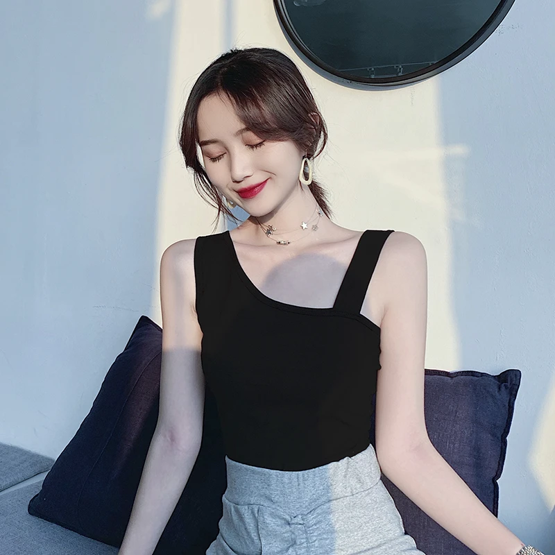 吊带小背心女斜肩设计小众打底衫外穿内搭性感紧身心机美背上衣夏
