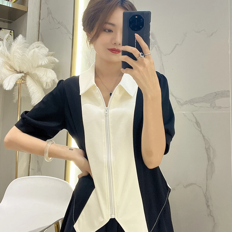 12868清大码女装时尚撞色POLO领衫拉链T恤2024夏季收腰短袖上衣