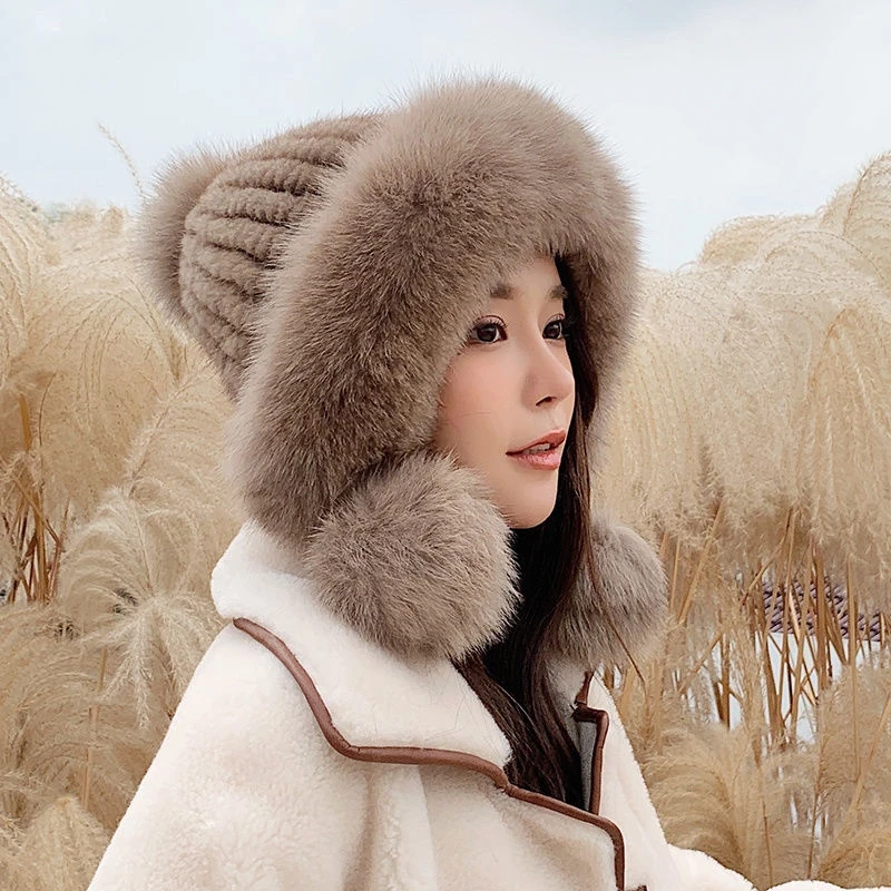 水貂编织加整皮狐狸毛边加三个狐狸毛球帽子 毛线内里 高贵典雅风