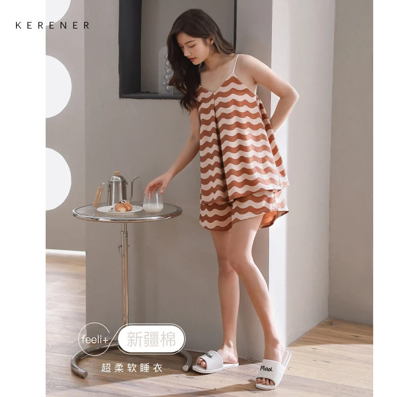 可人儿夏季纯棉睡衣女士性感吊带夏天甜美少女薄款短裤家居服套装