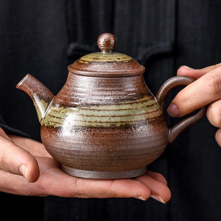 手工柴烧茶壶日式粗陶复古清水柴烧窑变梨形壶容量家用泡茶壶茶具