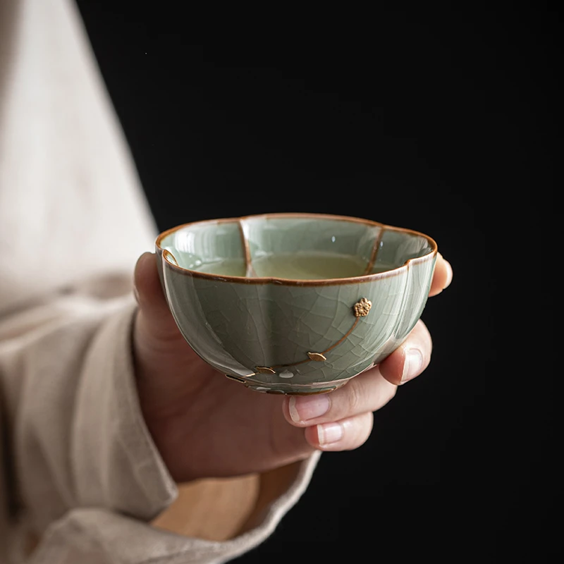 jinyu/津雨莲花汝窑钜钉杯女士主人杯花口杯子汝窑开片茶杯家用