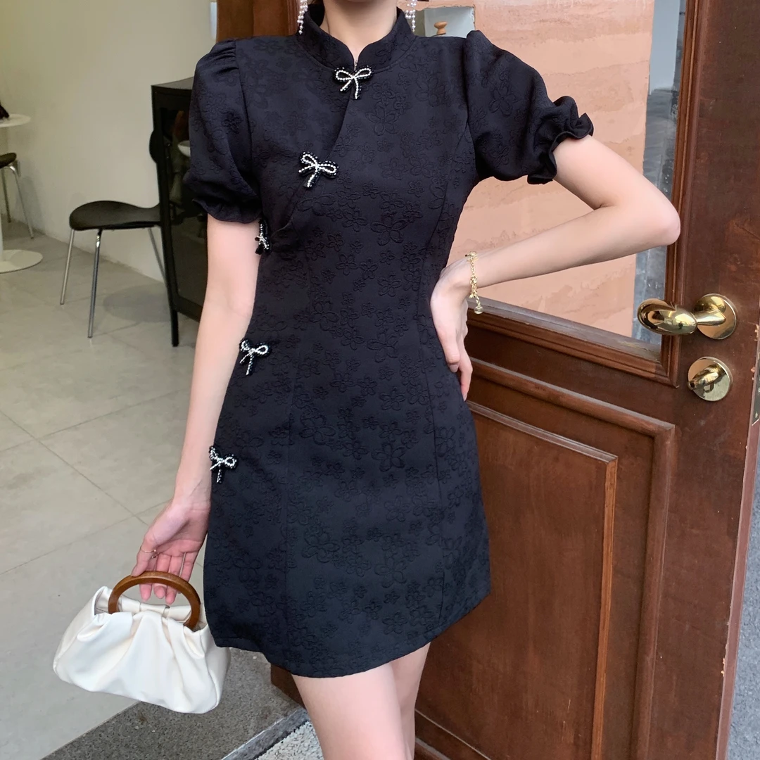 大码国风新中式连衣裙夏季小个子微胖MM法式遮肚显瘦改良旗袍裙子