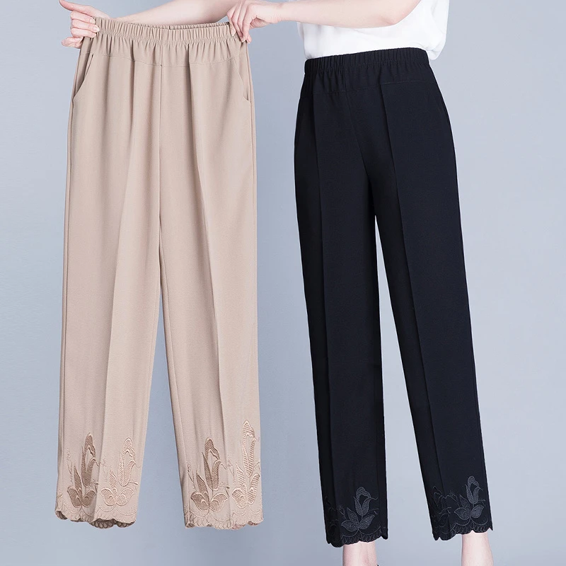 妈妈裤子夏季新款薄款冰丝九分裤中老年女裤大码奶奶装绣花直筒裤