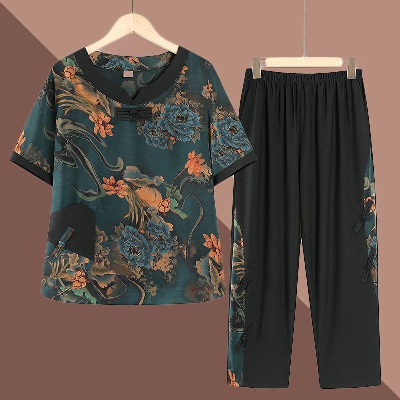 中老年女装夏装短袖套装洋气妈妈装上衣奶奶装绣花两件套老人衣服