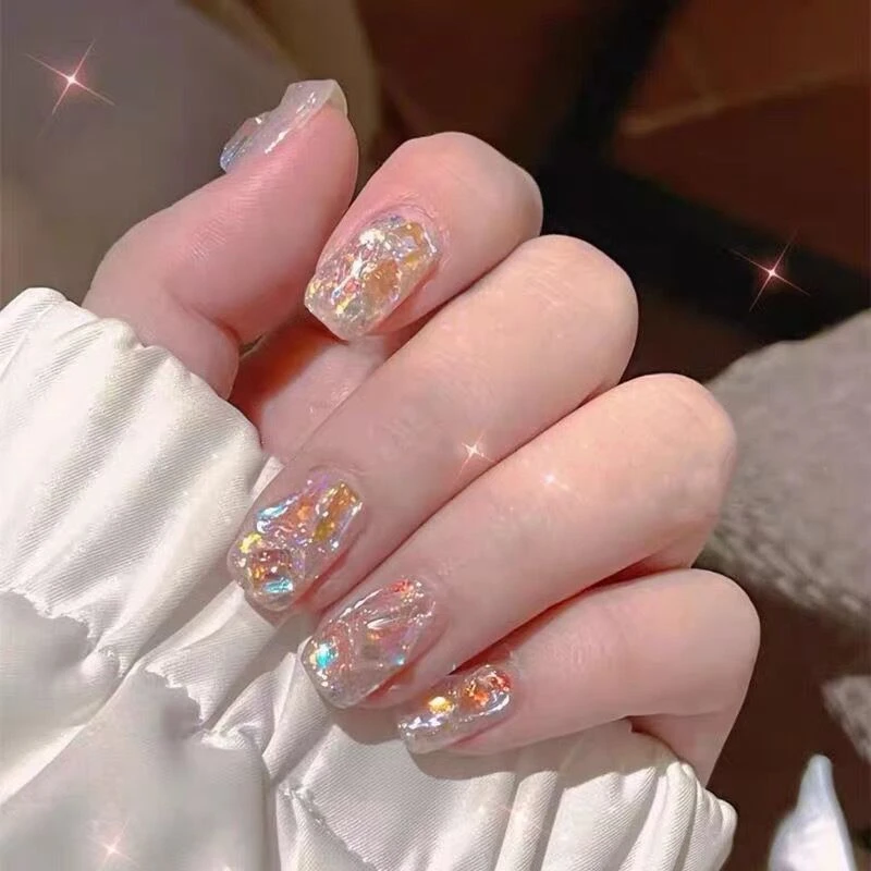 【中长款】温精灵极光钻跨境银色成品穿戴美甲贴片2470
