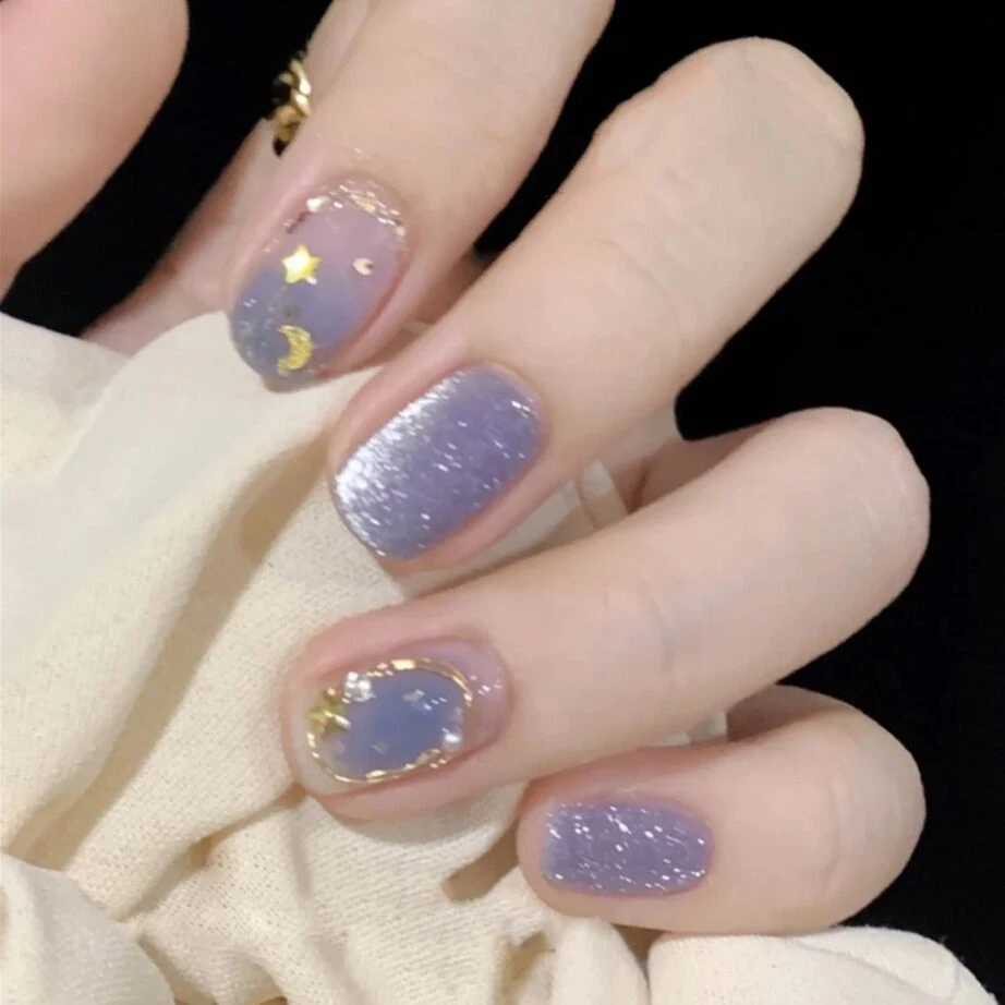 【短款】海洋星月光疗蓝金色成品穿戴美甲贴片200