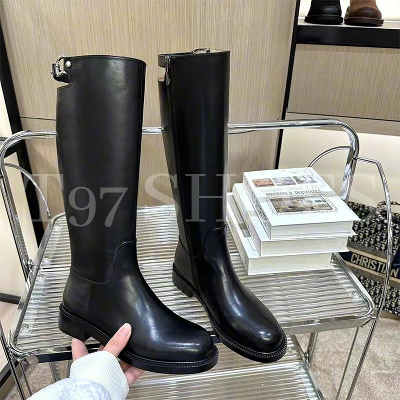 2024秋冬新款真皮高筒时尚皮带扣百搭侧拉链骑士靴女9007