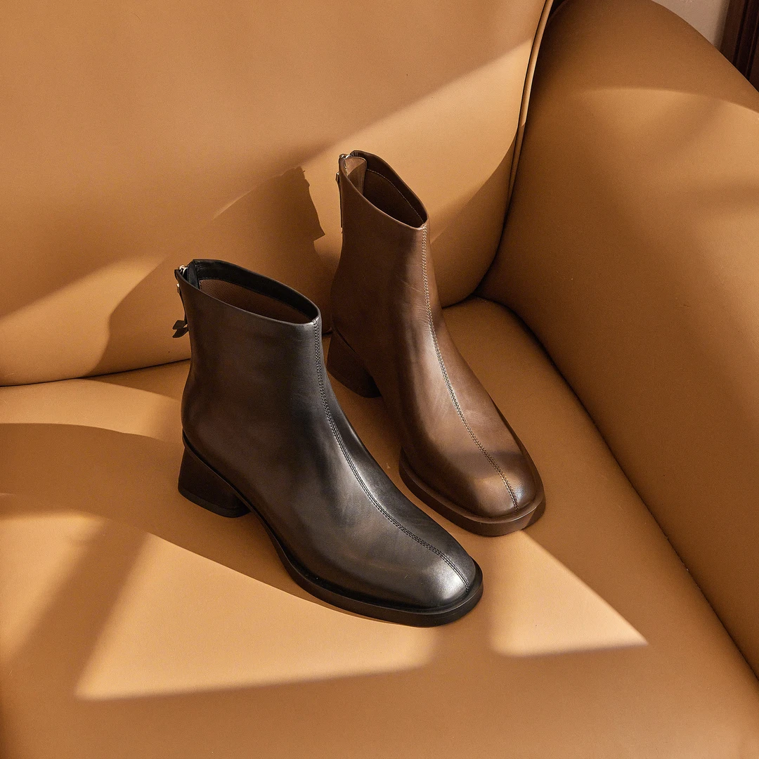 T97秋冬新款英伦风粗跟后拉链时尚百搭低跟短筒真皮女士靴子G50