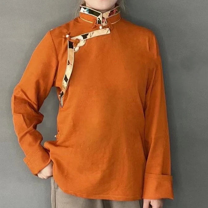 女士立领镶边包边藏式纯色藏族藏装民族风服装藏袍上衣衬衫衬衣