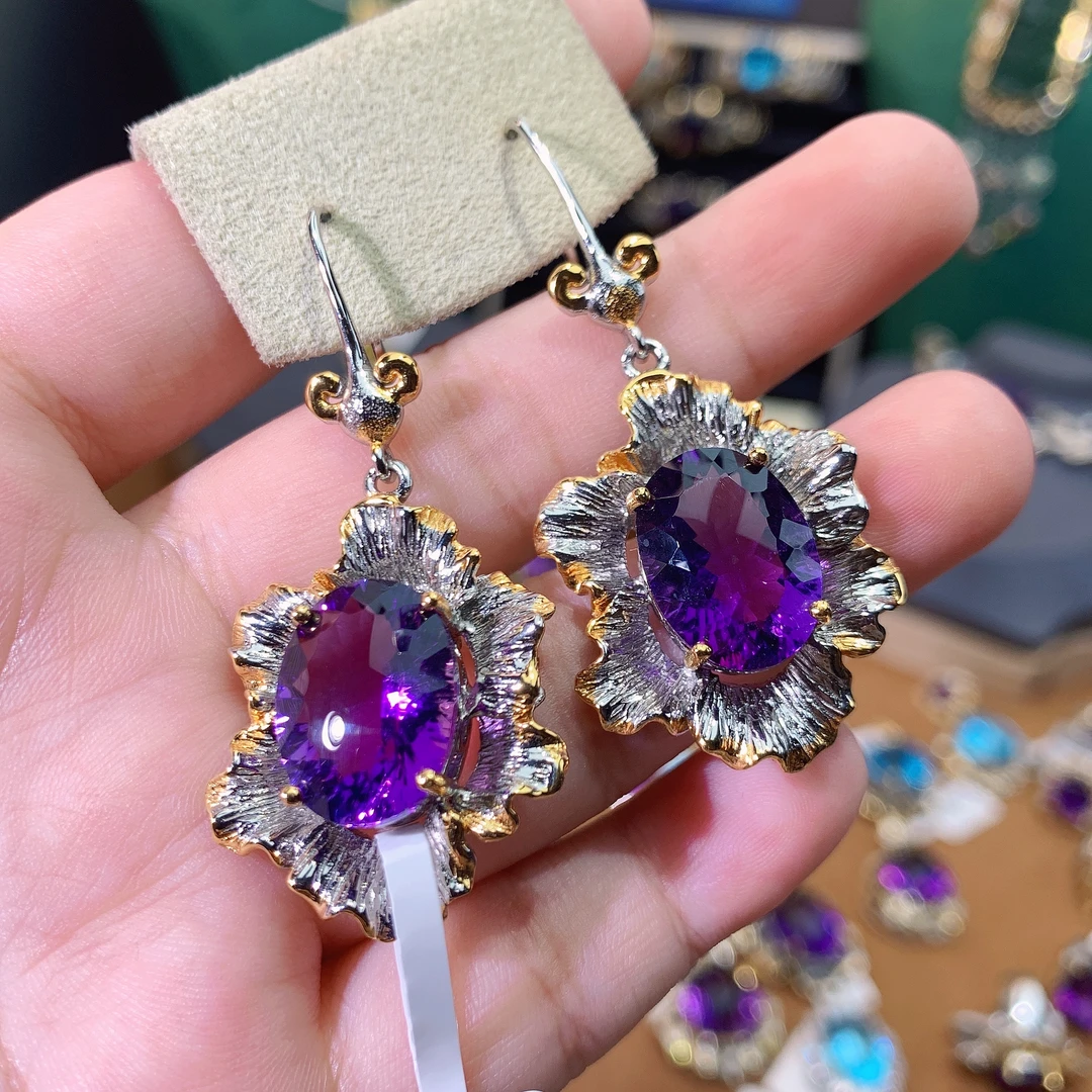 天然紫水晶/意大利工艺/耳环/花朵款/s925银/高级珠宝/礼物耳钩