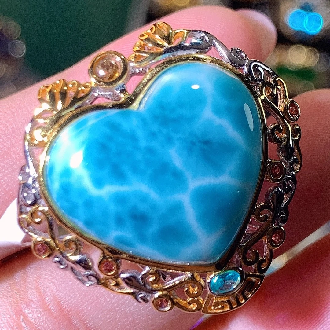 意大利工艺/天然海纹石/爱心如意款/戒指/s925银