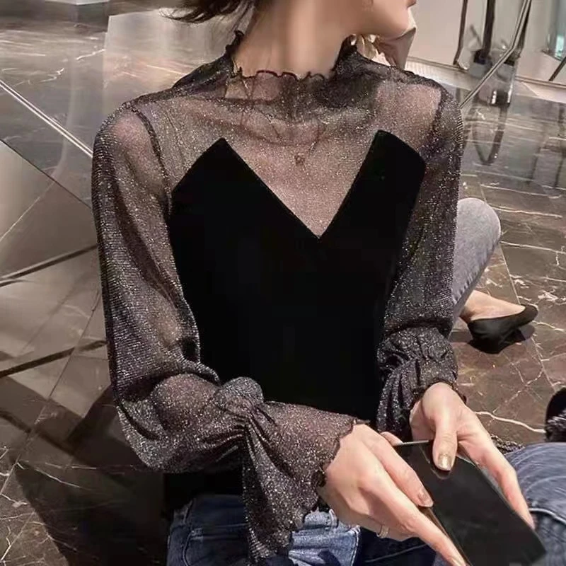 精选010  百搭时尚洋气气质半高领金丝绒女神上衣网红显瘦打底衫