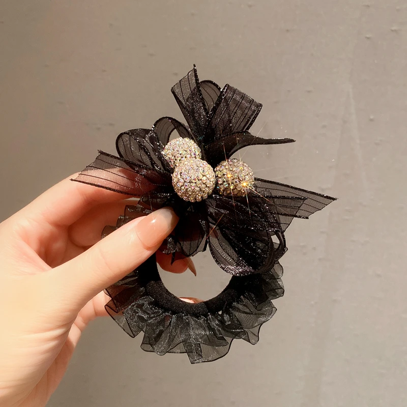 思朵 布艺发饰 欧根纱发圈女圆珠水钻头饰夏季气质扎马尾皮筋抓夹