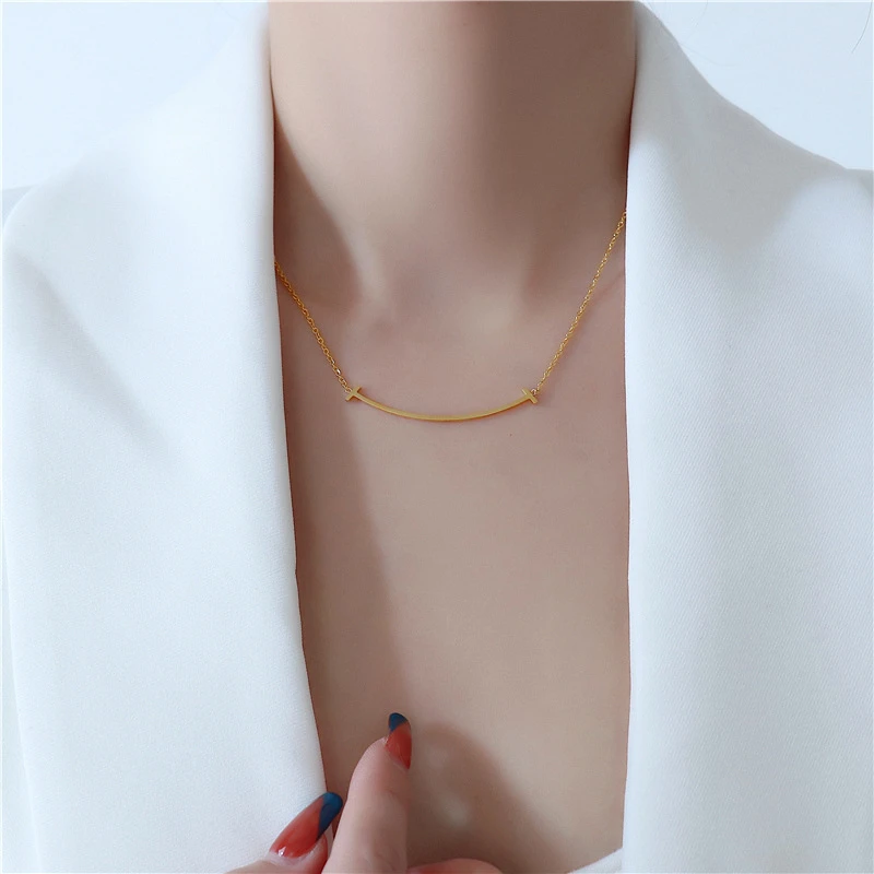 钛钢素款项链 加长项链女胖MM可爱的她同款=微笑吊坠锁骨链大码潮