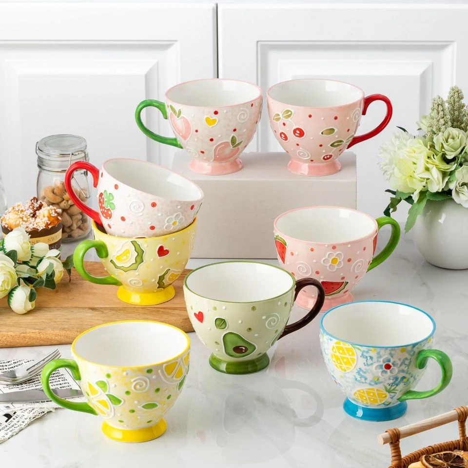 创意水果手绘浮雕陶瓷早餐杯