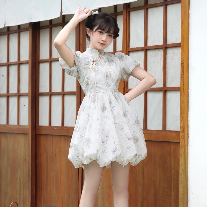 啦啦酱JK 云知意原创仙女裙印花蕾丝甜美连衣裙国风日常款旗袍
