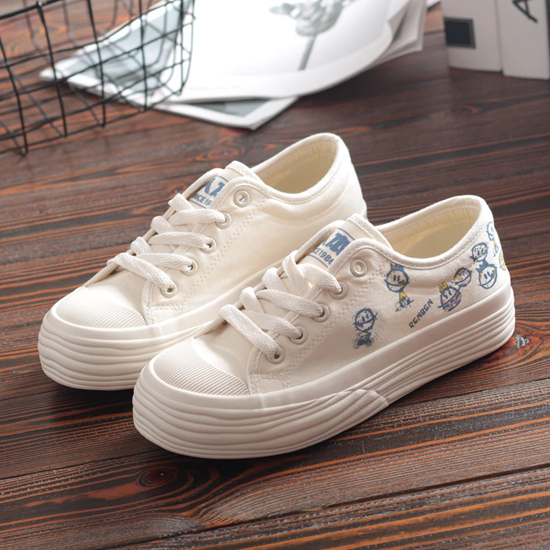人本21880女士厚底帆布鞋2022秋季新款卡通涂鸦休闲百搭饼干鞋