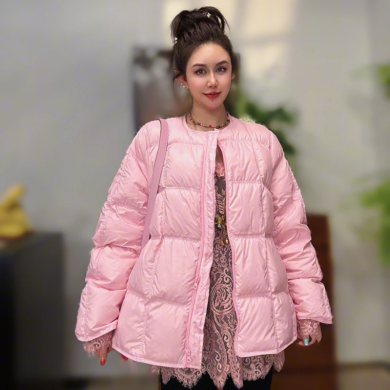 冬季新款时尚圆领长袖羽绒服女士保暖休闲宽松百搭显瘦白鸭绒外套