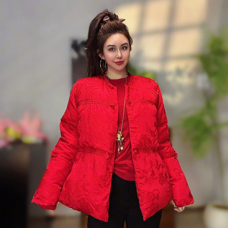 冬季新款时尚圆领长袖羽绒服女保暖休闲新中式国风提花白鸭绒外套