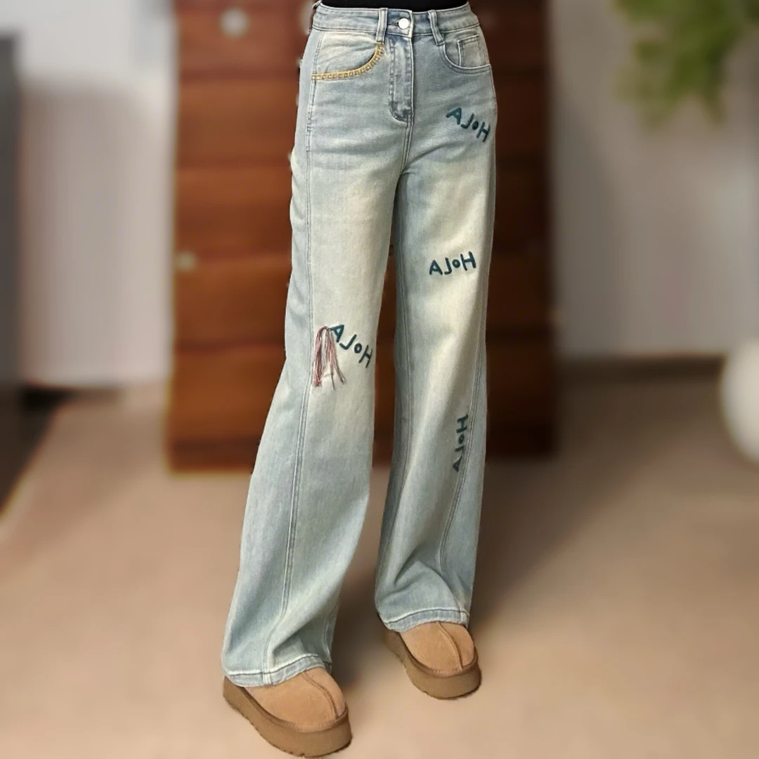 春季新款时尚高腰字母蓝色牛仔裤女士休闲水洗直筒裤显瘦百搭长裤