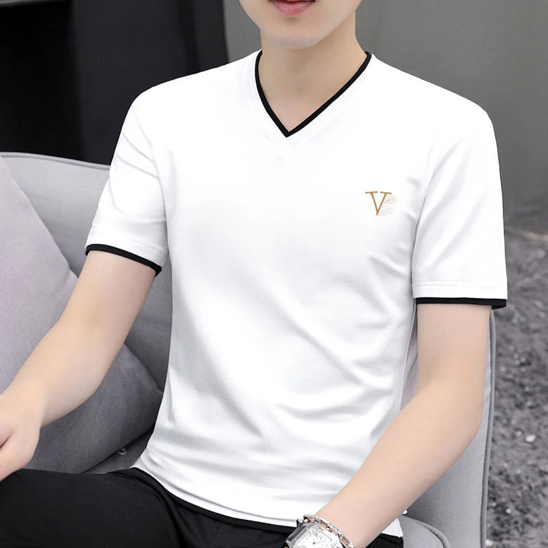 【高品质95%棉】男士V领短袖T恤清凉休闲百搭体恤半袖上衣服男装
