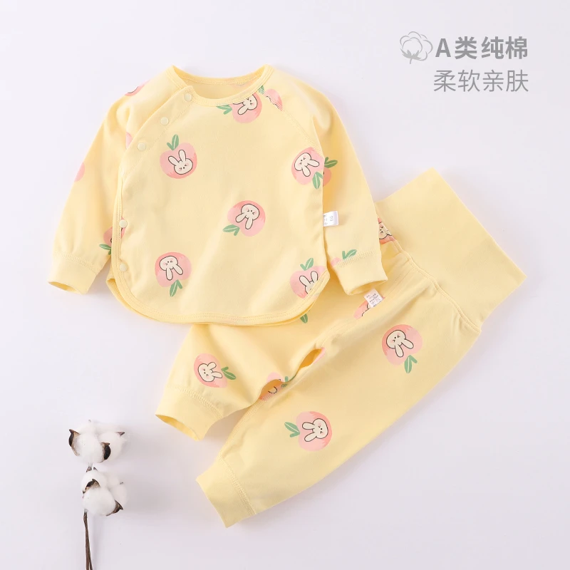 婴儿纯棉套装春秋新款新生宝宝偏襟无骨高腰护肚秋衣秋裤可开裆裤