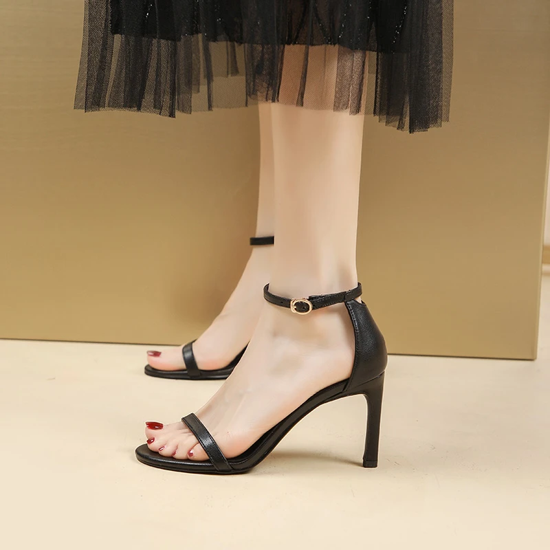 羊皮时尚不累脚高跟凉鞋一字扣带高跟鞋女2024年新款性感气质夏季