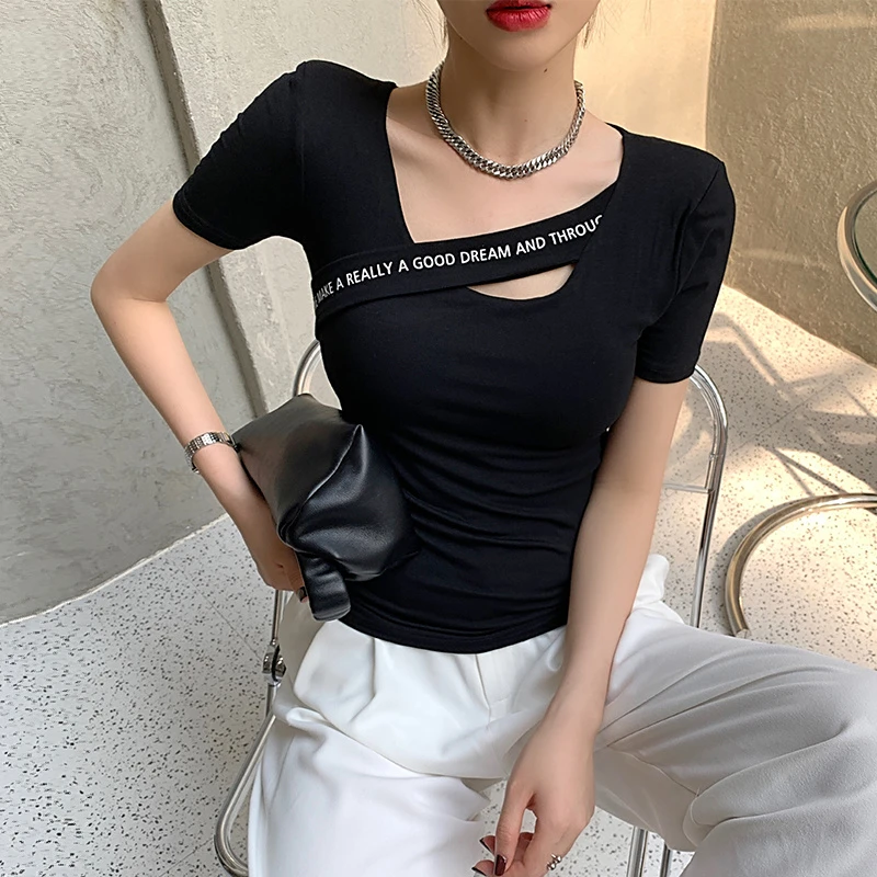 21D1229白色正肩t恤女短袖别致锁骨垫肩设计感小众方领上衣女体恤