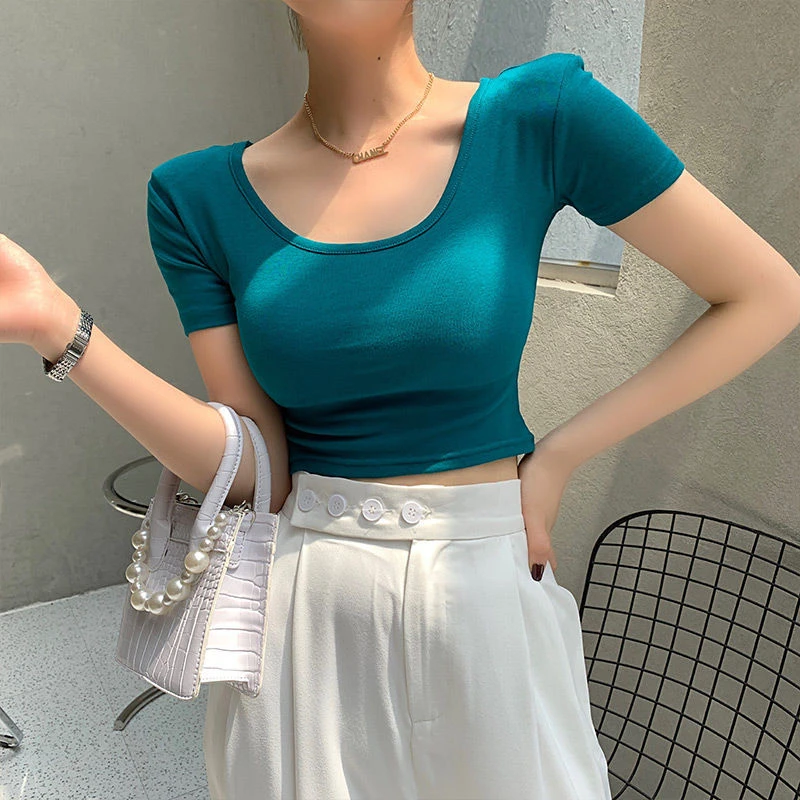 21C0940白色短袖t恤女夏装2024新款紧身半袖高腰露脐修身短款上衣