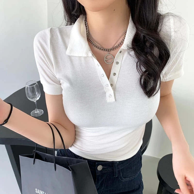 别致短袖t恤女2025新款小众设计感夏季高腰短款纯欲polo领上衣潮