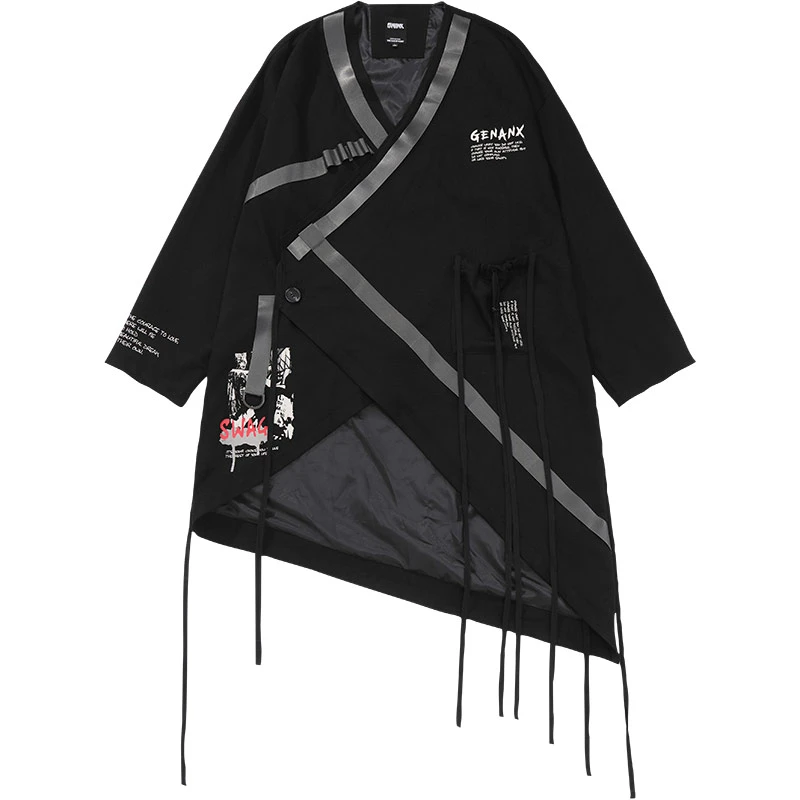 GENANX闪电潮牌下摆不规则上衣潮流涂鸦印花飘带风衣外套男F333