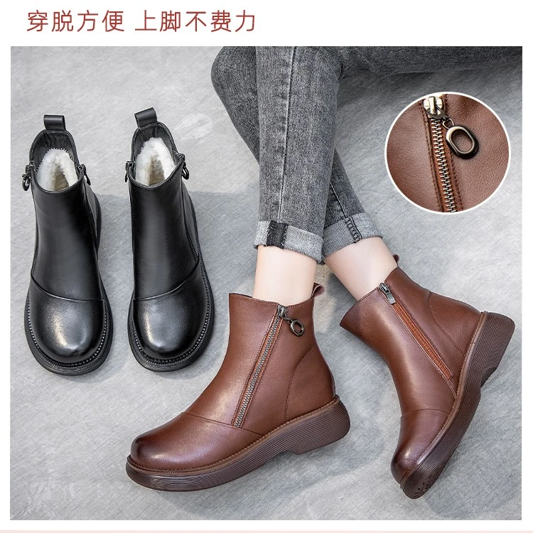 21863真皮冬季短靴妈妈鞋耐磨防滑底中老年女女鞋平底保暖靴子