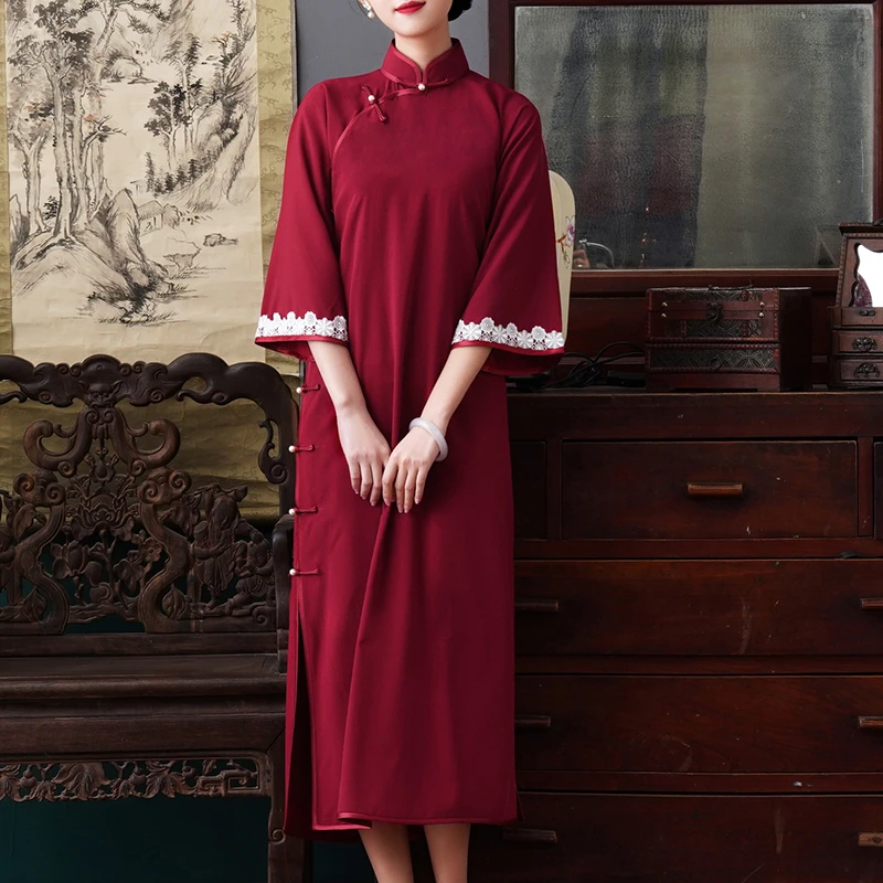 凉爽竹纤维舒适宽松大码简约旗袍显白红色一片式无省倒大袖长裙女