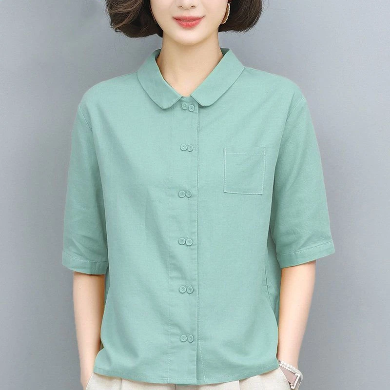 棉质衬衫女2025新款夏季中年妈妈大码宽松纯色休闲衬衣短袖上衣女
